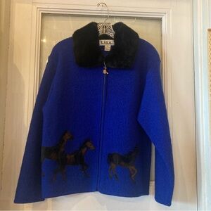 VINTAGE Equestrian Western Horses Blue Brown Boiled Wool Cardigan Zip Jacket L